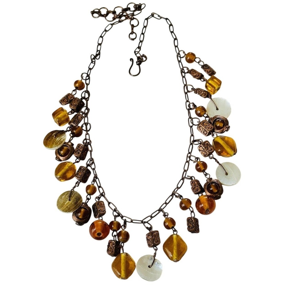 Earthy Collar necklace VTG Art Glass Beaded Mother Of Pearl Copper Mod Statement